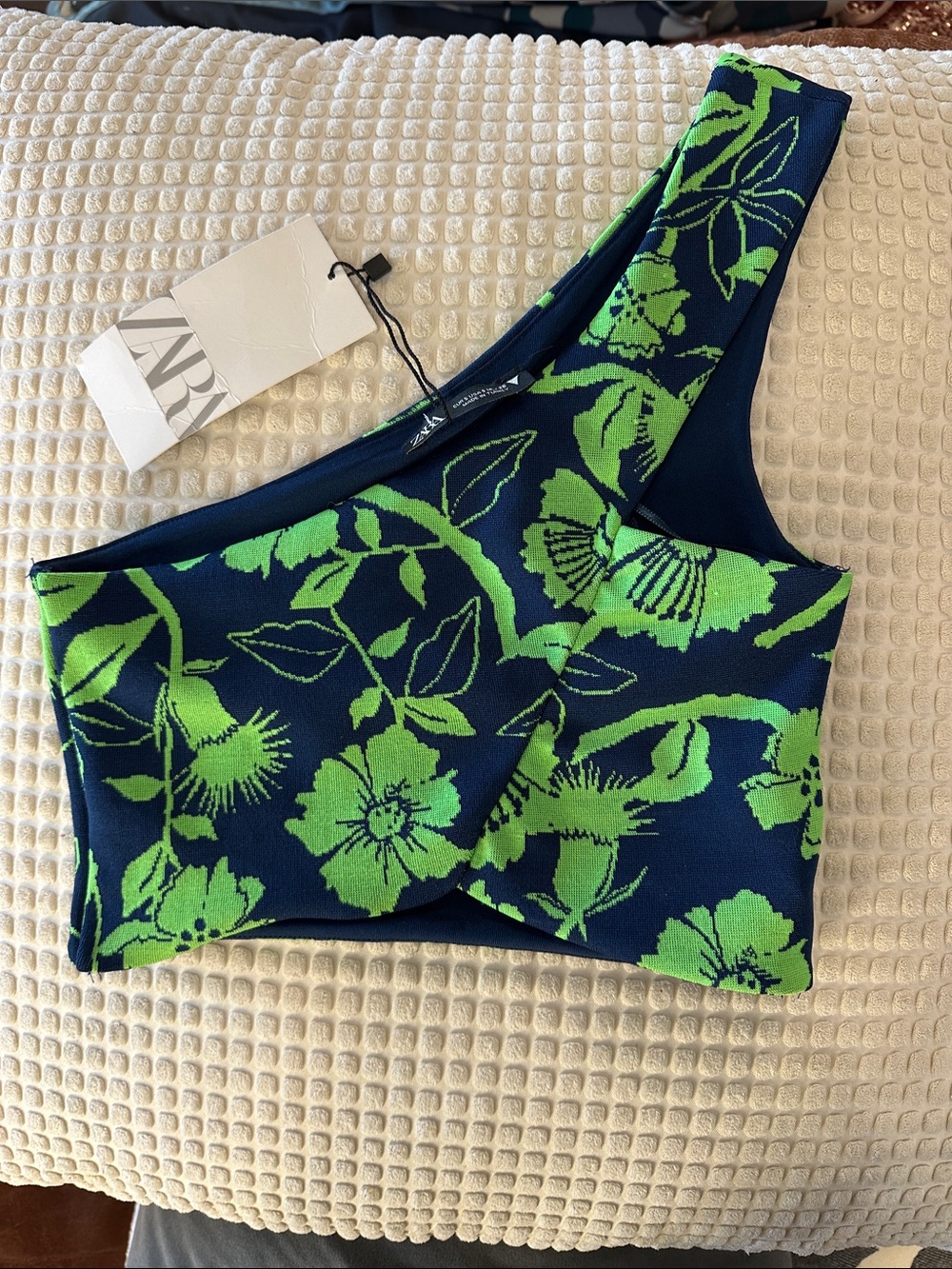 NWT Zara One Shoulder Floral Crop Top Navy Neon Green Size S